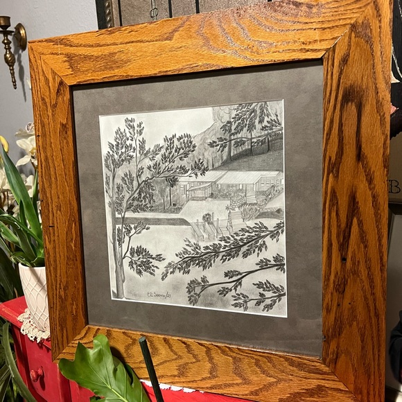 Vintage wooden Framed Signed by Artis lanscape - Artchitecture drawing 21” paper - Picture 3 of 12